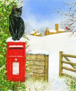 Black Cat On Red Post Box Paint By Numbers