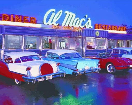 Old American Diners With Old Cars Outside Poster Paint By Numbers