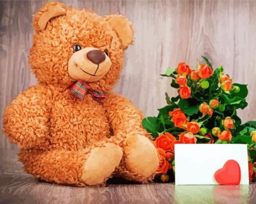 Brown Teddy Bear With Flowers Paint By Numbers