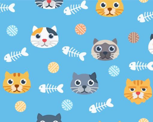 Cute Cat Pattern On Blue Background Paint By Numbers