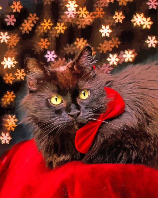 Fluffy Black Cat With Red Bow Tie Paint By Numbers