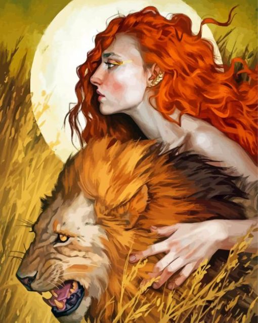 African Redhead Girl With Lion Art Paint By Numbers