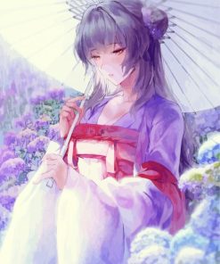 Chinese Girl With Flowers Under Rain Paint By Numbers