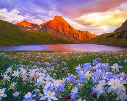 Flowers And Lake Mountains Paint By Numbers