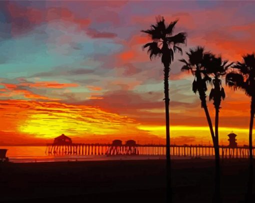 Huntington Beach Sunset Silhouette Paint By Numbers