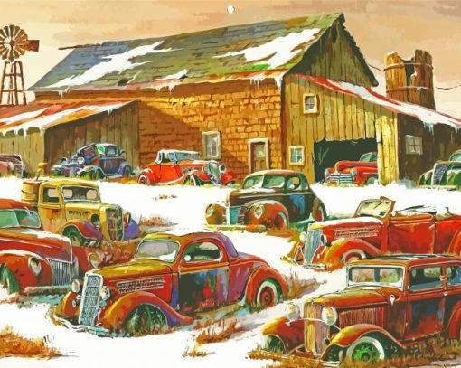 Old Cars In Snowy Yard Paint By Numbers