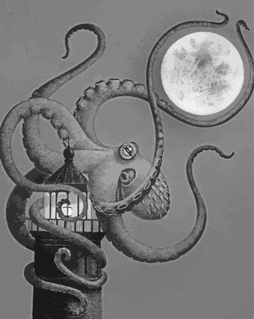 Black And White Octopus And Lighthouse Paint By Numbers