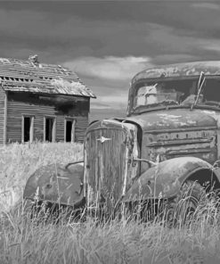 Black and White Old Cars In Farmyard Paint By Numbers