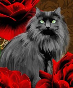 Black Cats With Red Flowers Art Paint By Numbers