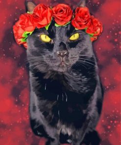 Black Cats With Red Flowers Crown Paint By Numbers