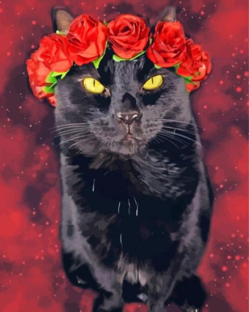 Black Cats With Red Flowers Crown Paint By Numbers