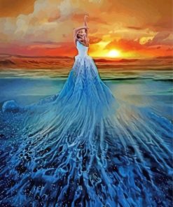 Lady Wearing Blue Dress In Ocean Wave Paint By Numbers