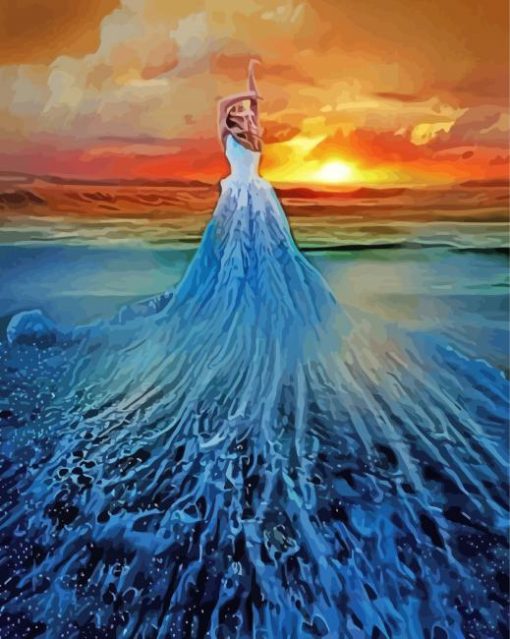 Lady Wearing Blue Dress In Ocean Wave Paint By Numbers