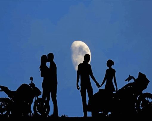 Couple Bikers Silhouette Watching The Moon Paint By Numbers