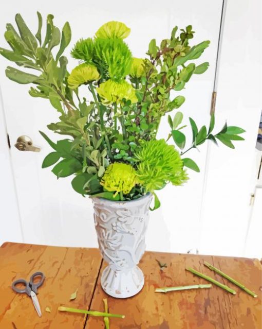 Green Flowers In Vase Paint By Numbers