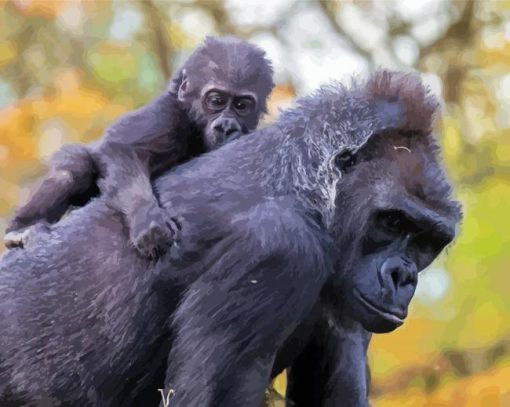 Aesthetic Gorilla Mother And Her Bay Animals Paint By Numbers