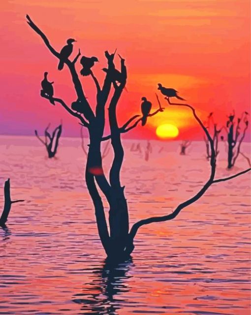 Birds On Tree In Lake Paint By Numbers